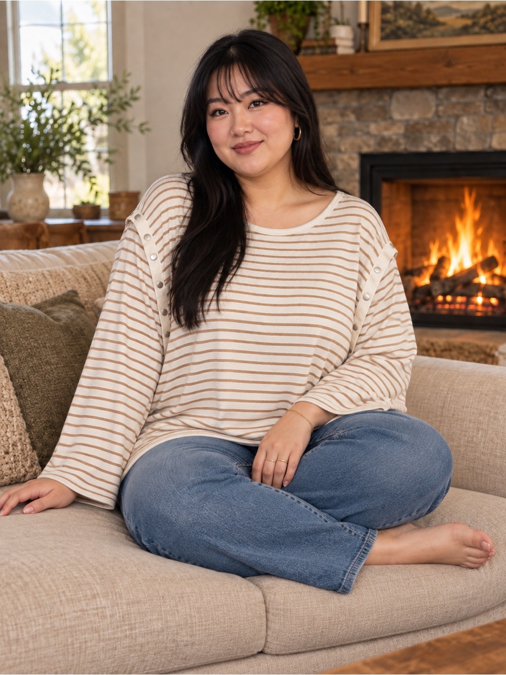 Mauve Striped Crewneck Sweater in Cream and Tan